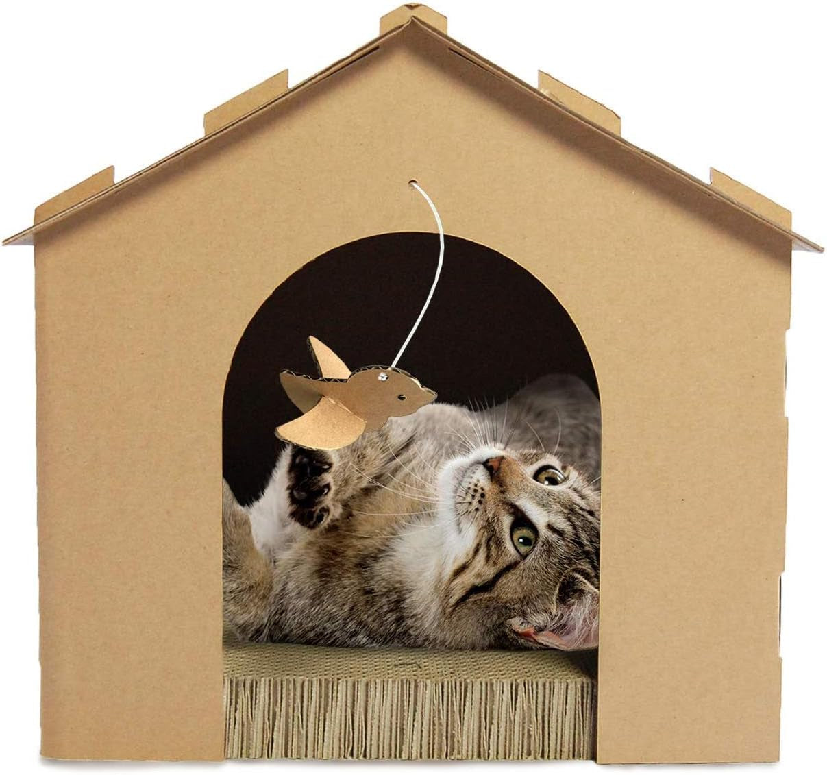Gingerbread House Cardboard Cat Hideout and Scratcher with Detachable Hanging Toys