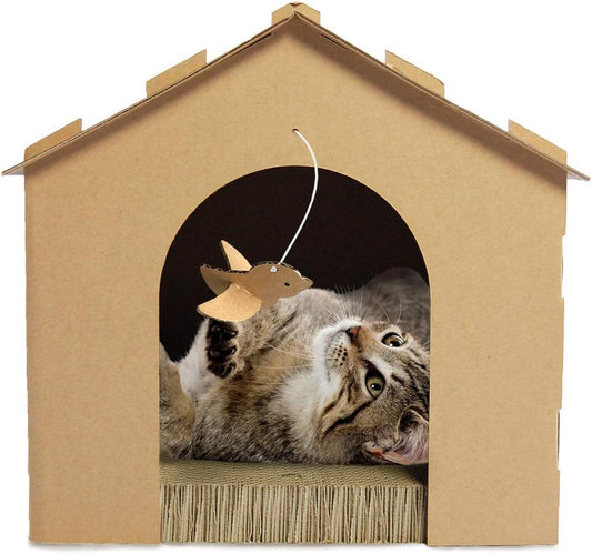 Gingerbread House Cardboard Cat Hideout and Scratcher with Detachable Hanging Toys