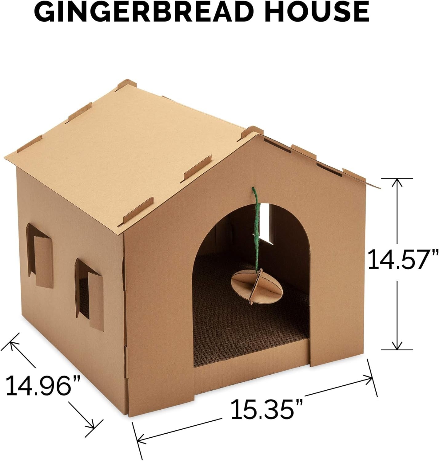Gingerbread House Cardboard Cat Hideout and Scratcher with Detachable Hanging Toys
