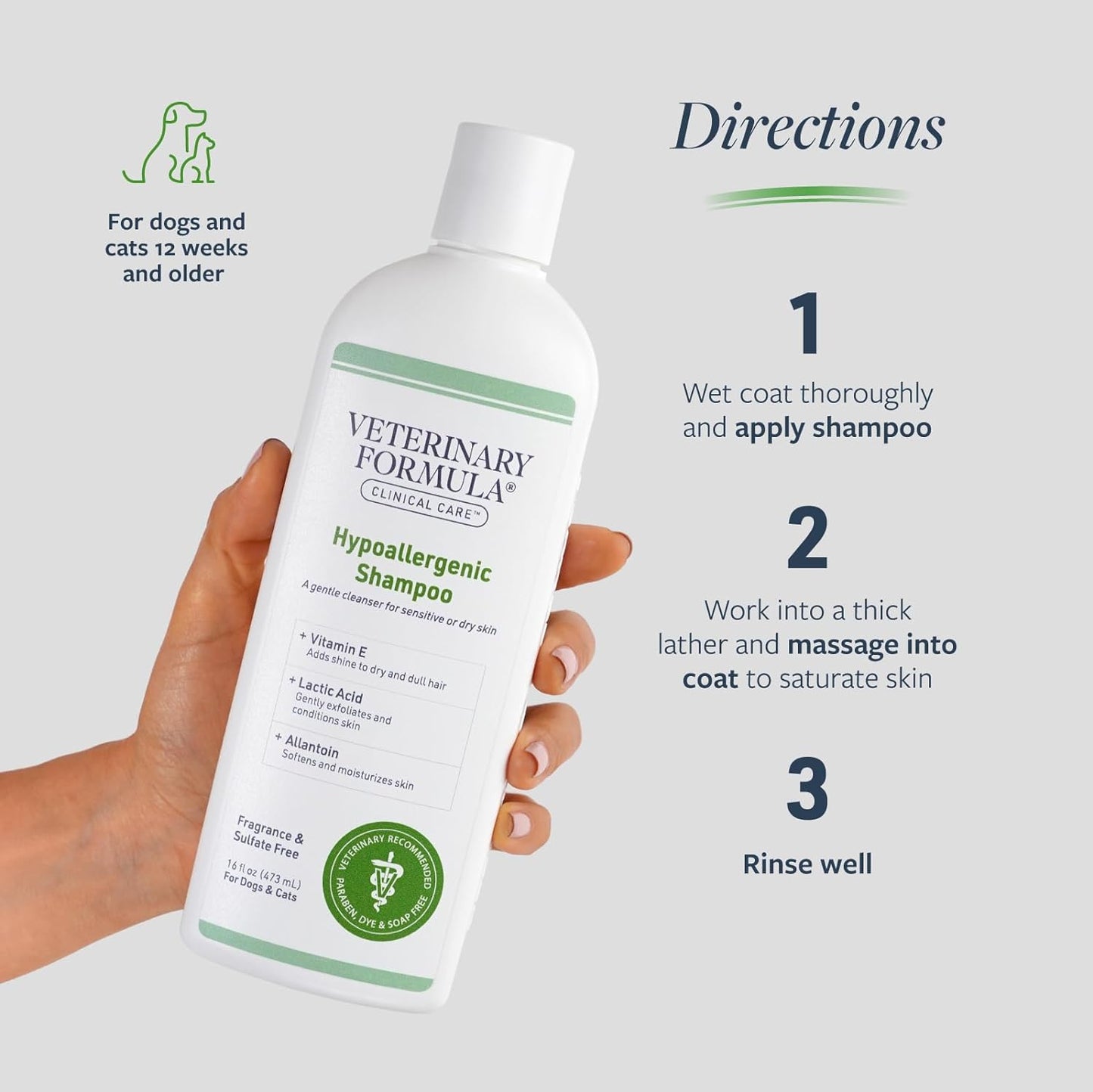 Clinical Care Hypoallergenic Shampoo for Dogs and Cats, 16 Oz – Gentle, Fragrance-Free Formula for Allergies and Sensitive Skin, Supports Healthy Skin and Coat