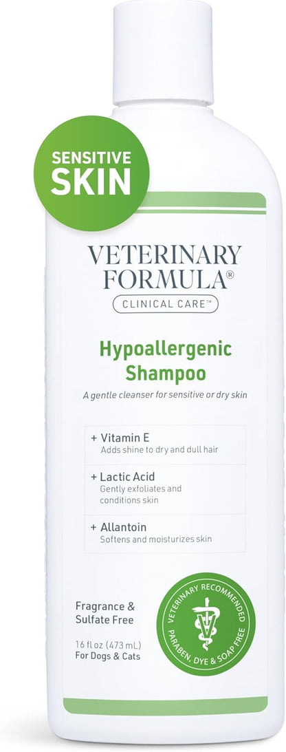 Clinical Care Hypoallergenic Shampoo for Dogs and Cats, 16 Oz – Gentle, Fragrance-Free Formula for Allergies and Sensitive Skin, Supports Healthy Skin and Coat