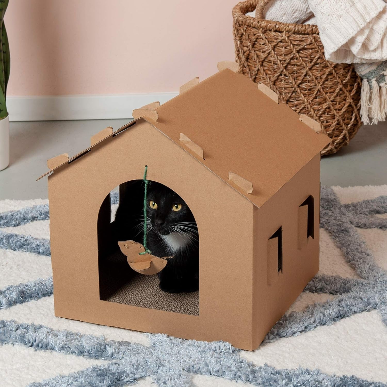 Gingerbread House Cardboard Cat Hideout and Scratcher with Detachable Hanging Toys