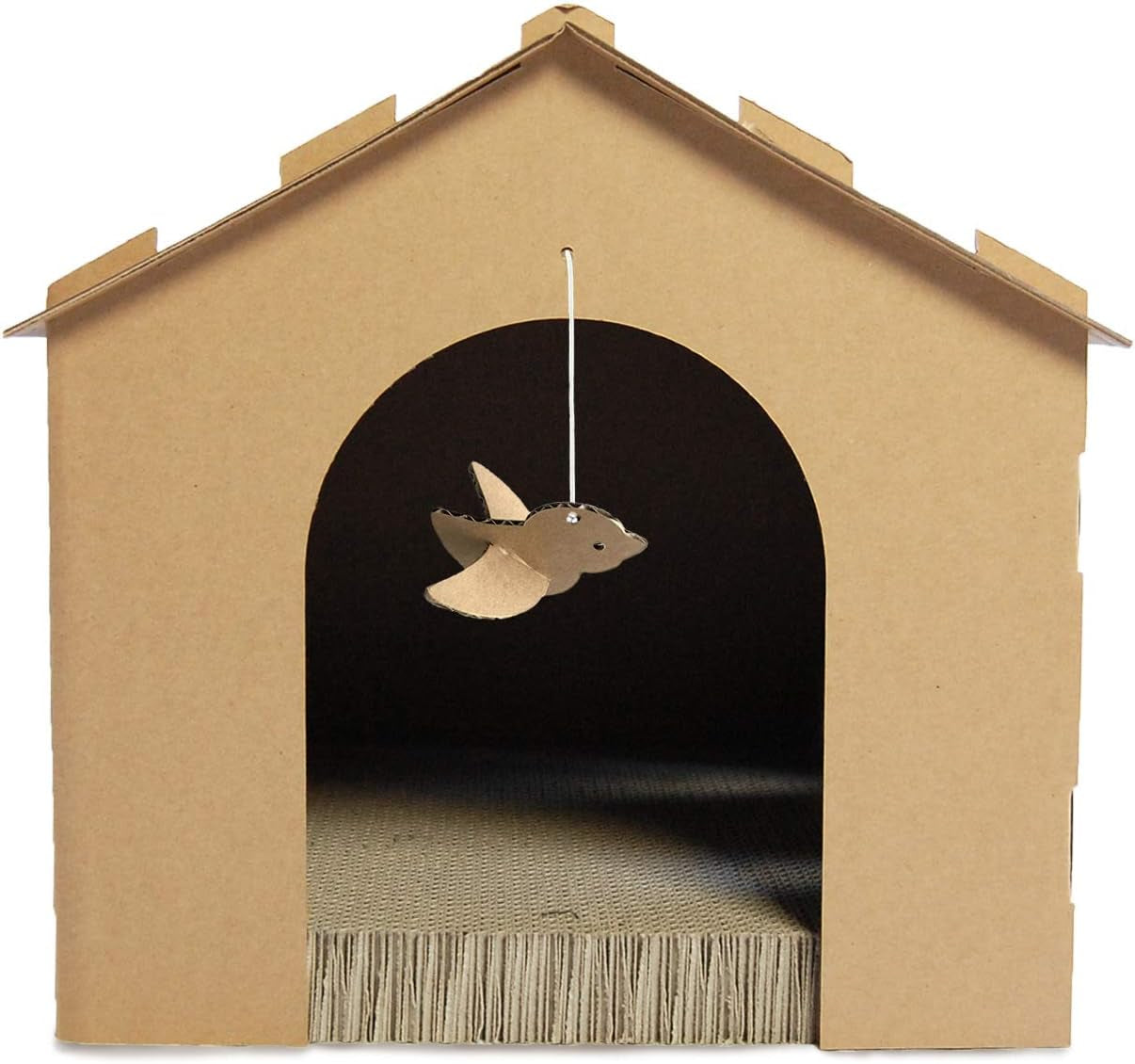 Gingerbread House Cardboard Cat Hideout and Scratcher with Detachable Hanging Toys