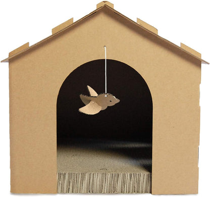 Gingerbread House Cardboard Cat Hideout and Scratcher with Detachable Hanging Toys